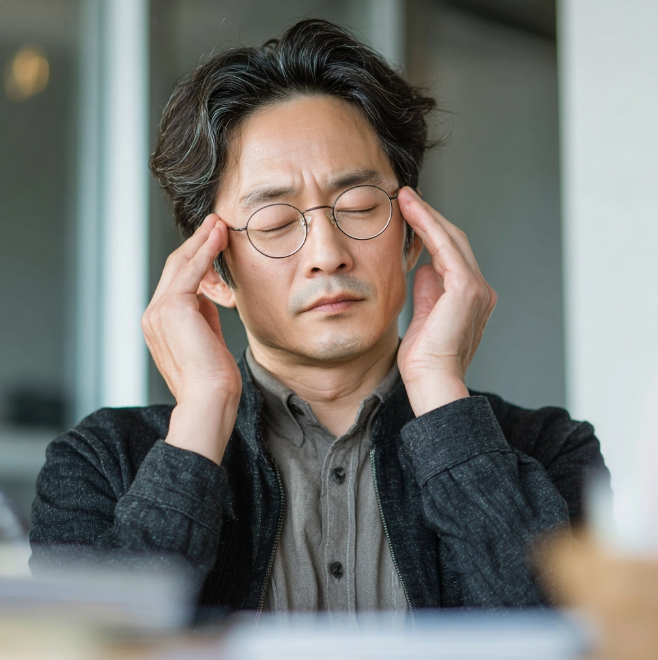 회사에서 두통오는 남성 장면