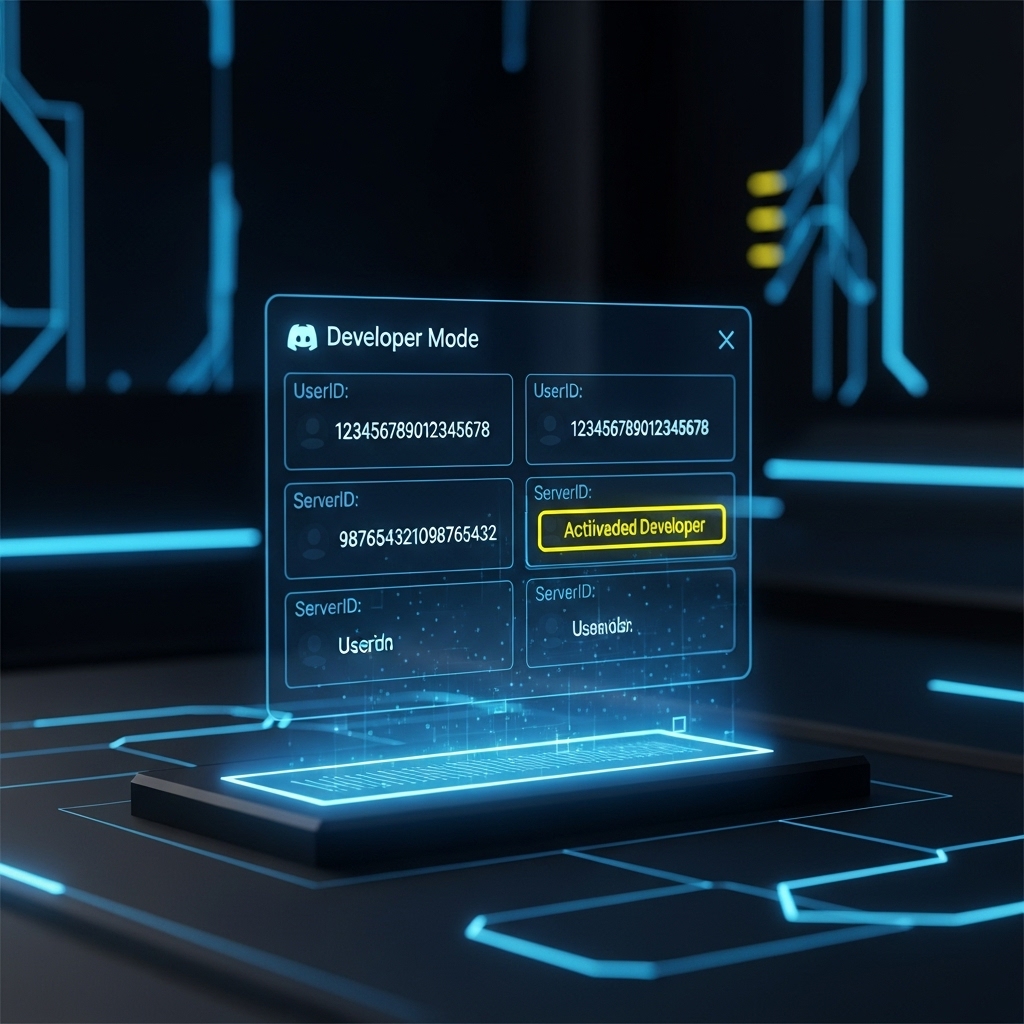 디스코드 개발자 모드 화면을 보여주는 깔끔한 일러스트. 어두운 배경 위 홀로그램 터미널에 사용자 및 서버 ID가 표시되어 숨겨진 정보 확인 기능을 나타냅니다.2