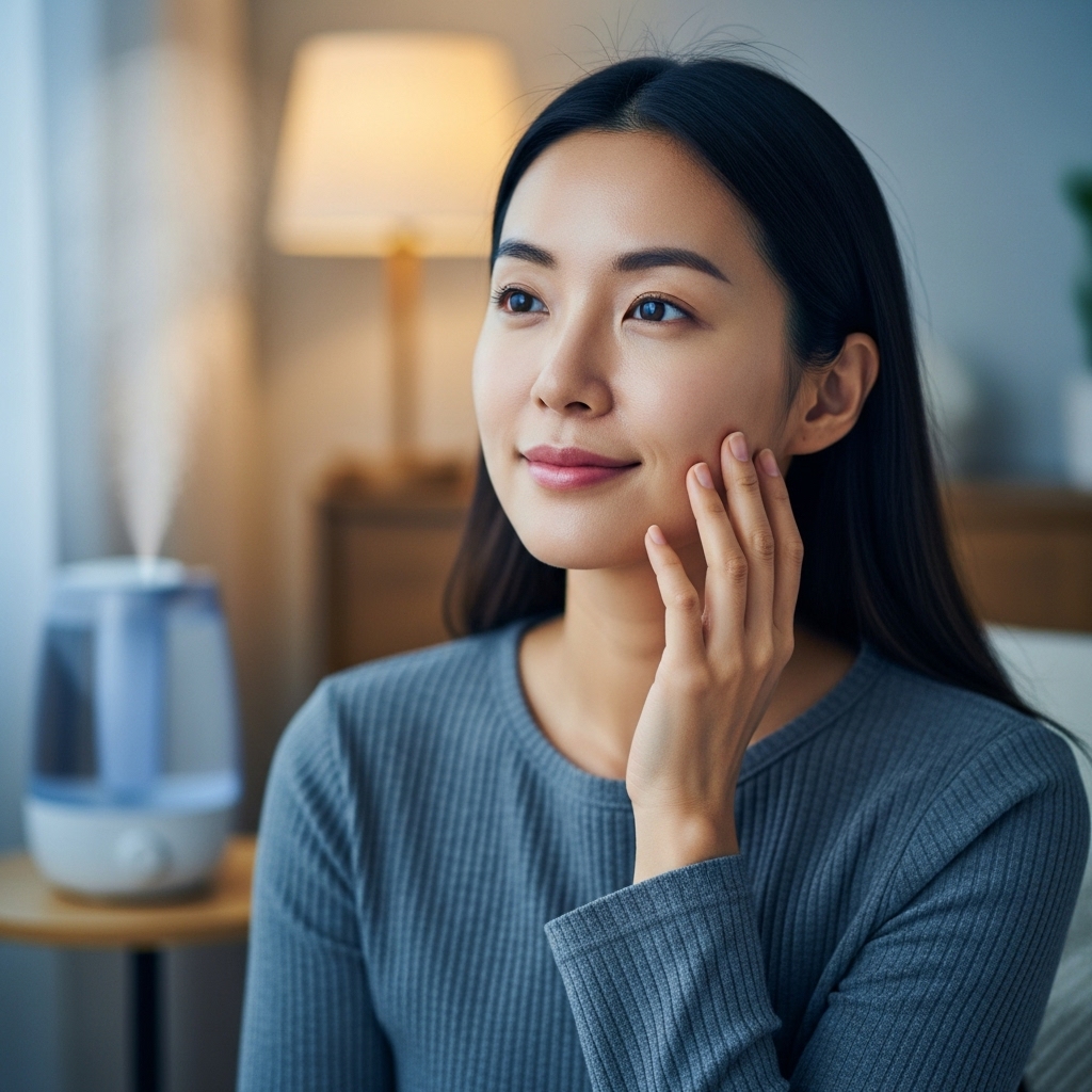 2025년 겨울, 건조한 실내 난방에도 촉촉하고 건강하게 빛나는 30대 민감성 여성의 피부