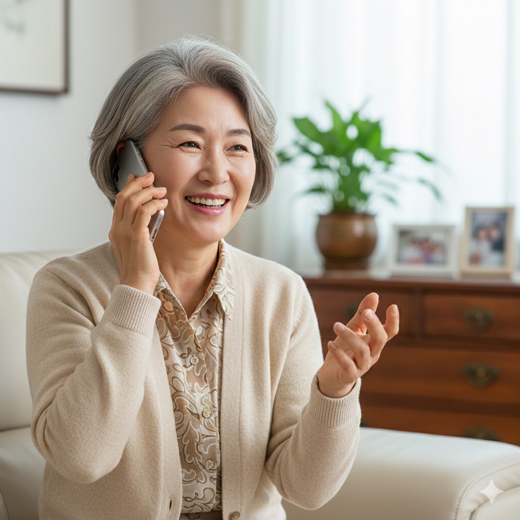 스마트폰 통화하는 어머니 이미지