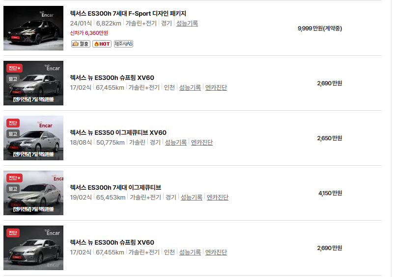 렉서스 ES300h 중고차 가격 시세표 연비