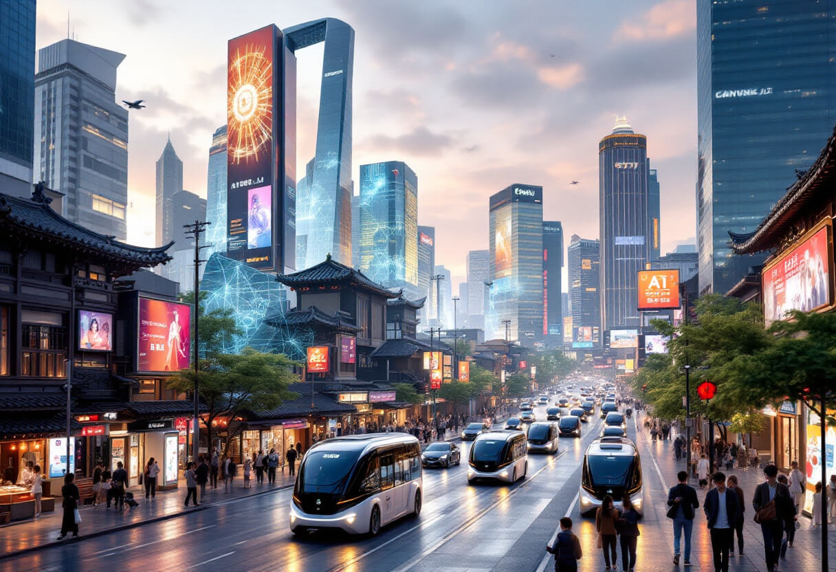 광주시의 전통 건축물과 현대적 고층 빌딩이 공존하는 거리. 자율주행 버스와 스마트 교통 체계가 도로를 채우고 있으며, 건물 외벽에는 디지털 디스플레이로 AI 기술 관련 광고가 표시되어 있습니다. 전통과 기술의 조화를 강조한 미래 도시 풍경입니다