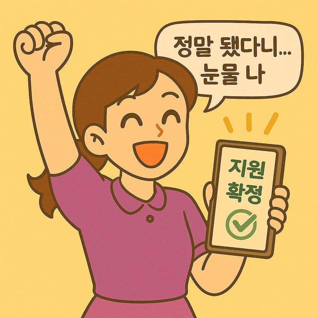 정부 지원 확정을 받은 여성 캐릭터가 기쁜 표정으로 봉투를 들고 있는 장면. 배경은 따뜻한 색감이며, 캐릭터는 밝은 옷을 입고 행복한 표정으로 지원금 수령을 표현하고 있다