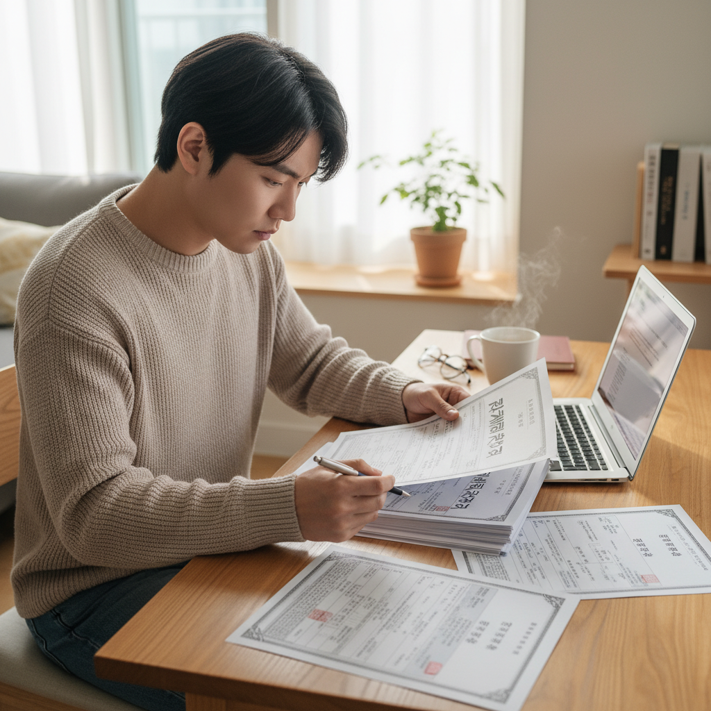 세입자가 전세계약서와 등기부등본을 꼼꼼히 검토하는 장면