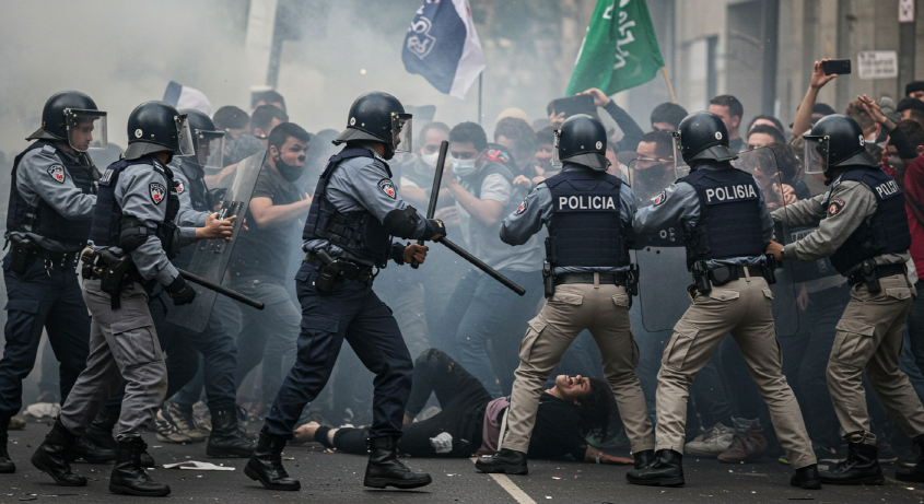 곤봉을 든 경찰이 시위대를 폭력적으로 진압하는 모습