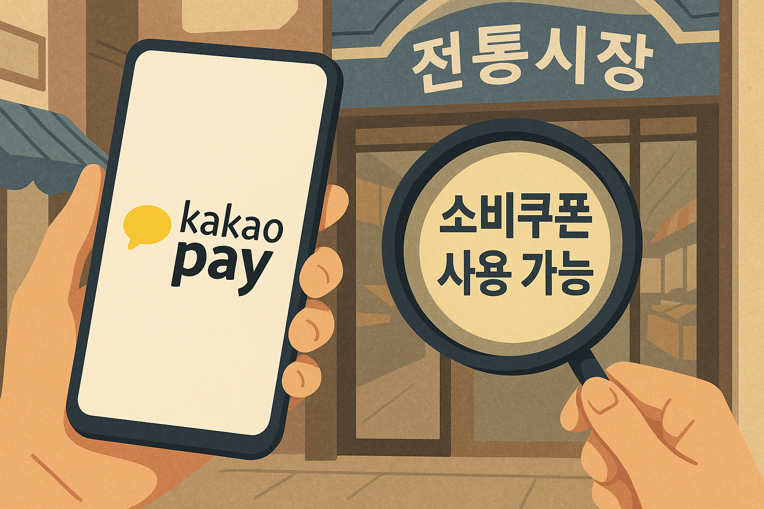 카카오페이를-든-손이-전통시장-입구의-&lsquo;소비쿠폰-사용-가능&rsquo;-스티커를-확대경으로-들여다보는-일러스트