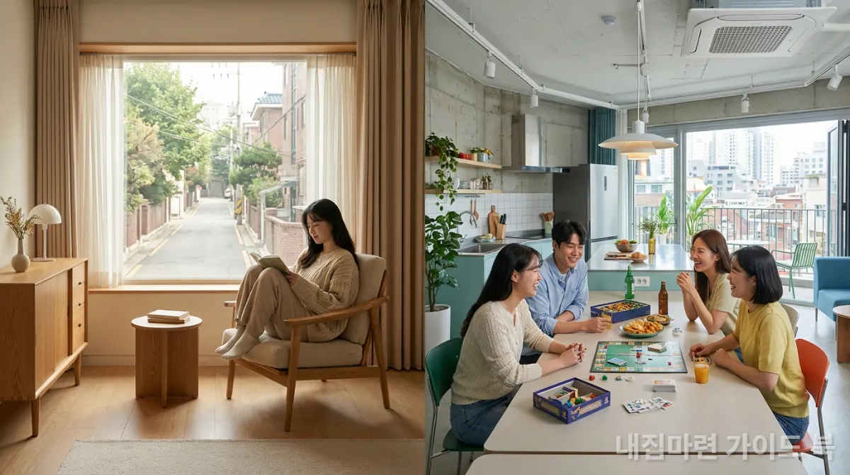 1.5인 가구의 독립적인 공간과 코리빙 하우스의 공동체 생활을 대조적으로 보여주는 이미지