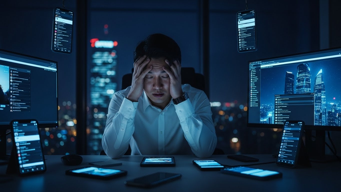 고자극 디지털 환경에 노출되어 정신적 피로감을 느끼는 한국인 남성 리더의 모습