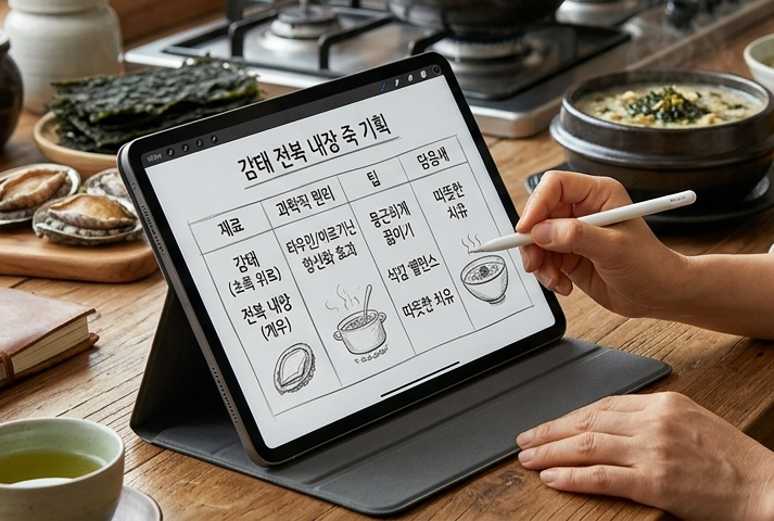 따뜻한 햇살이 드는 주방에서 한 중년 여성이 아이패드 화면에 '감태 전복 내장 죽 기획'이라는 제목의 레시피 표를 펜슬로 정성스럽게 작성하고 있다. 화면에는 감태와 전복 내장의 과학적 원리, 조리 팁, 담음새에 대한 내용이 손글씨와 그림으로 정리되어 있다. 그녀의 뒤편 가스레인지 위에는 김이 모락모락 나는 뚝배기가 놓여 있어, 실제로 요리가 준비되고 있는 생동감 넘치는 주방 분위기를 자아낸다. 식탁 위에는 전복과 감태 등의 식재료와 따뜻한 차가 놓여 있어, 건강한 한 끼를 준비하는 요리 연구가의 따스하고 감성적인 일상을 보여준다.