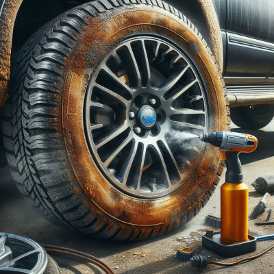 녹이 많이 슨 휠을 수리 중인 자동차 정비 장면