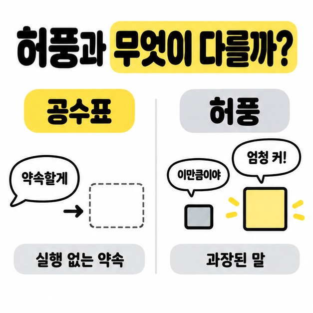 실행 없는 약속인 공수표와 실제보다 부풀려 말하는 허풍을 좌우로 비교한 도식