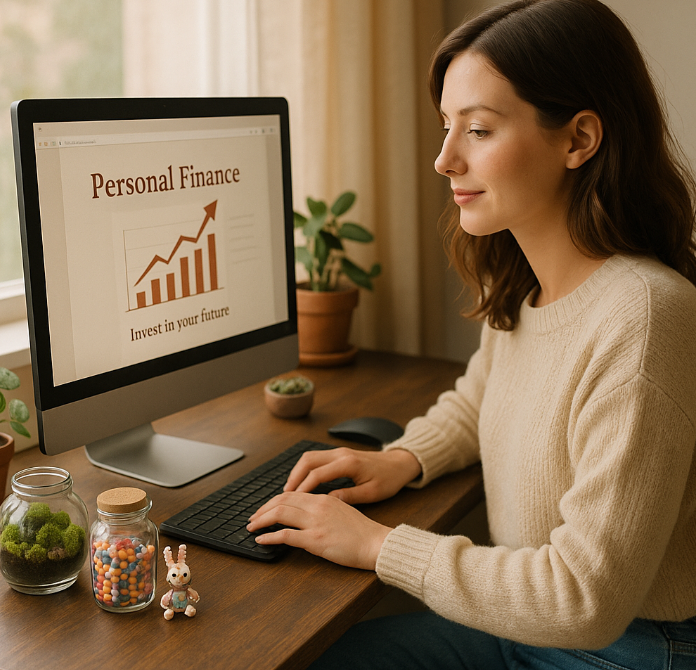 책상에 앉아 컴퓨터하는 여성이미지