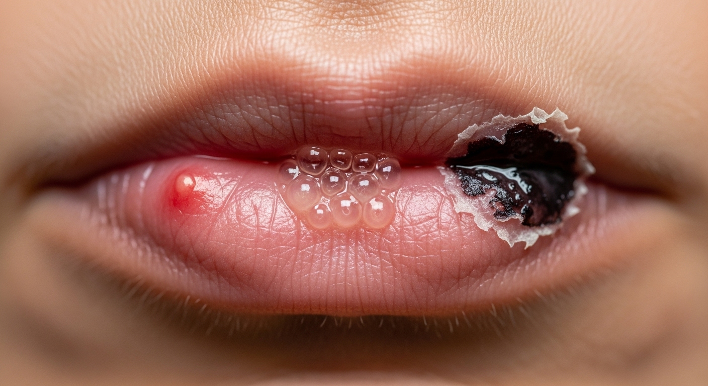 입술 헤르페스 수포가 따끔거림, 물집, 딱지로 진행되는 단계별 이미지