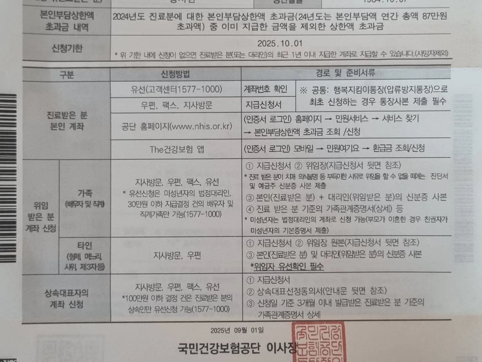 본인부담 상한액 초과금 안내문