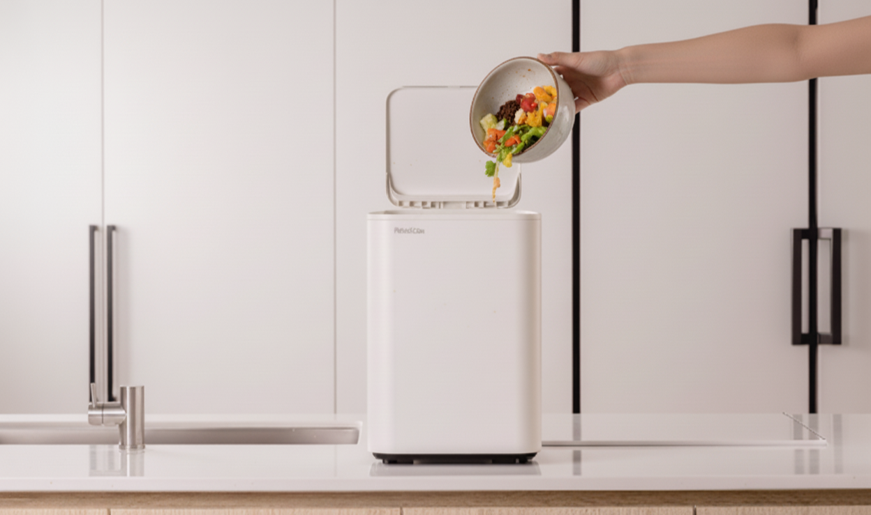 린클 음식물 처리기에 음식물을 넣는 장면