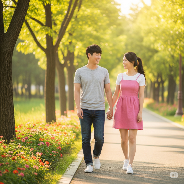 공원에서 식사 후 함께 산책하는 한국인 남녀의 모습