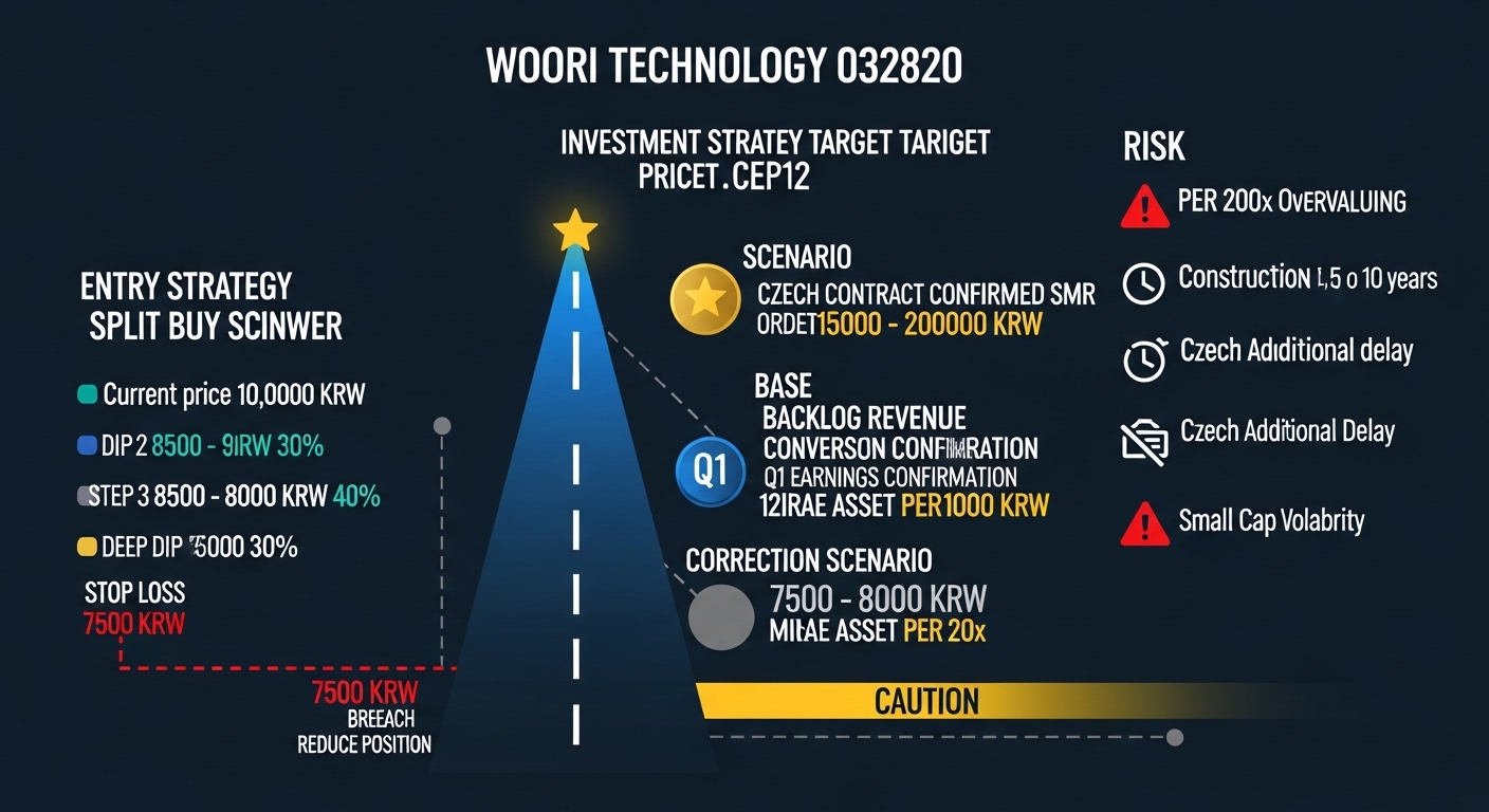 Woori Technology 032820 investment strategy entry point target price scenario infographic 2026, dark navy background, center three-lane highway road chart rising left to right lane 1 bullish scenario gold lane Czech contract confirmed SMR order target 150000 to 200000 KRW star badge, lane 2 base scenario blue lane backlog revenue conversion Q1 earnings confirmation target 121000 KRW Mirae Asset PER 20x badge, lane 3 correction scenario grey lane policy delay valuation pressure support zone 7500 to 8000 KRW yellow caution, left entry strategy three-step split buy tower step 1 current price 10000 KRW 30 percent blue, step 2 dip 8500 to 9000 KRW 40 percent teal, step 3 deep dip 7500 to 8000 KRW 30 percent silver, stop loss line red dashed 7500 KRW breach reduce position, right risk panel PER 200x overvaluation warning red badge, construction lag 5 to 10 years clock icon, Czech additional delay caution, small cap volatility warning, professional dark navy financial strategy infographic cinematic
