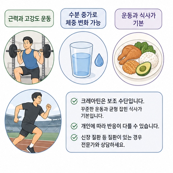 크레아틴이 근력운동과 반복적인 고강도 운동에 활용될 수 있지만 운동과 식사가 기본임을 보여주는 그림