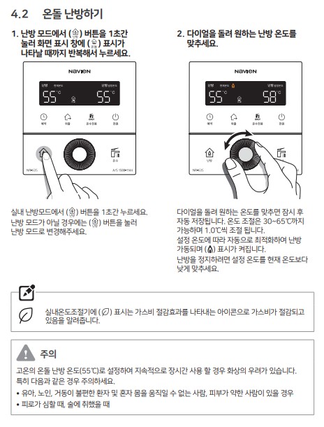 경동 나비엔 콘덴싱 가스보일러 사용설명서 - NCB354-15/18/22/27/33K/33L 온돌난방 사용방법&#44; 설정방법