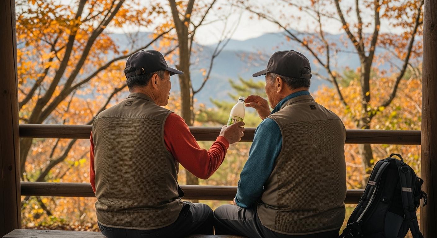 가을 산 약수터에서 막걸리를 마시는 두 노인의 뒷모습