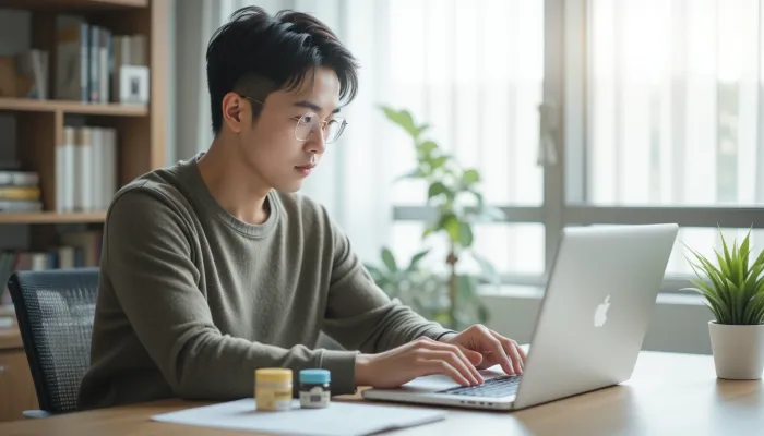 두 종류의 탈모 영양제를 비교 중인 남성