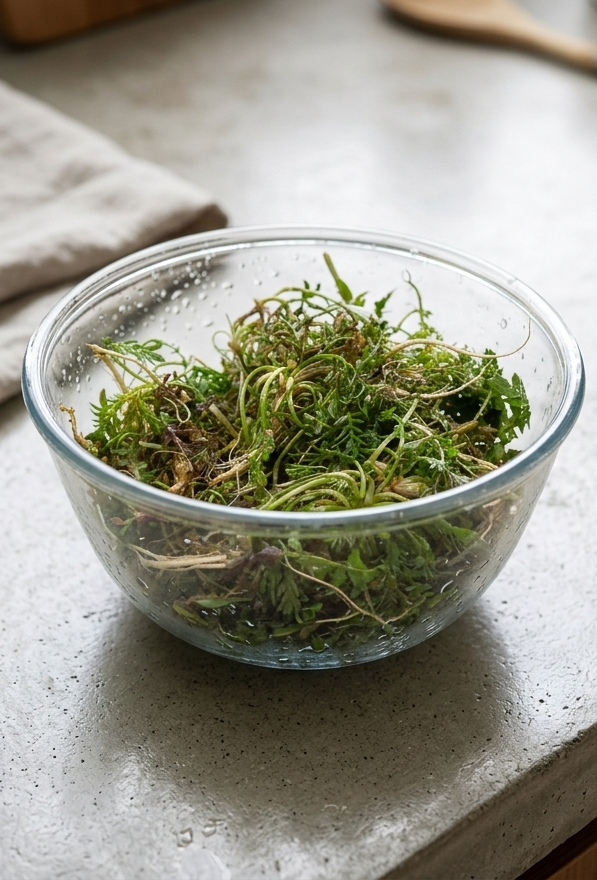 흙을 깨끗이 씻어내고 뿌리와 잎을 정갈하게 다듬어 놓은 싱싱한 제철 봄 냉이의 모습.