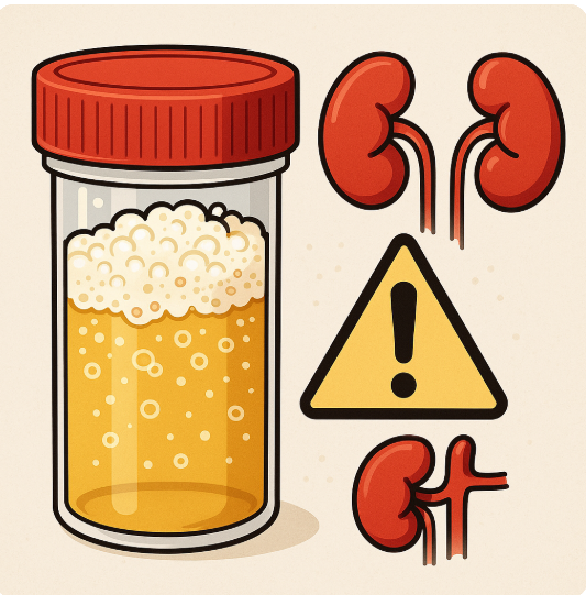 거품뇨와 신장 질환과의 관계를 나타내기 위한 소변 용기에 떠 있는 거품과 신장 아이콘, 주의 경고표식의 이미지
