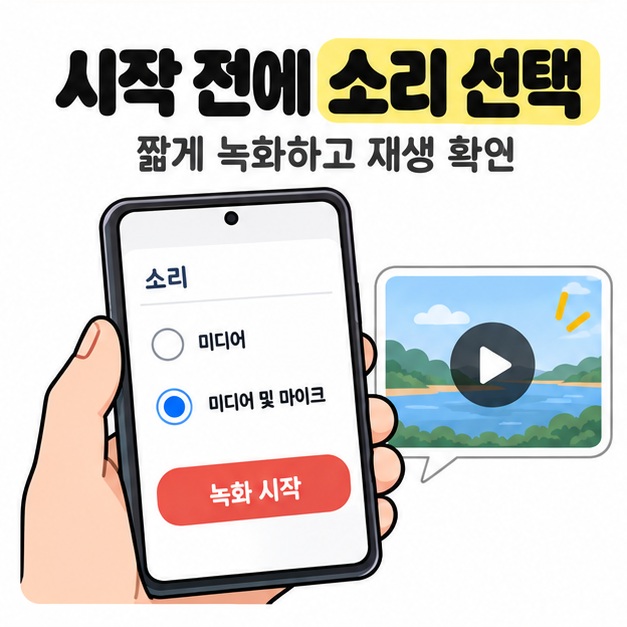 스마트폰에서 미디어 및 마이크가 선택된 소리 설정과 녹화 시작 버튼, 시험 영상의 재생 표시