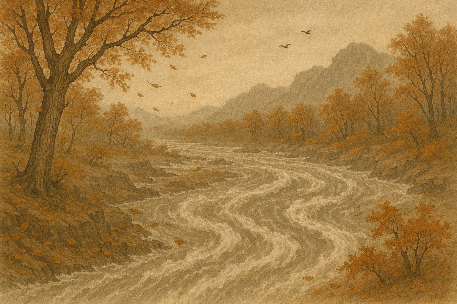 낙엽이 지고 장강이 흘러가는 모습