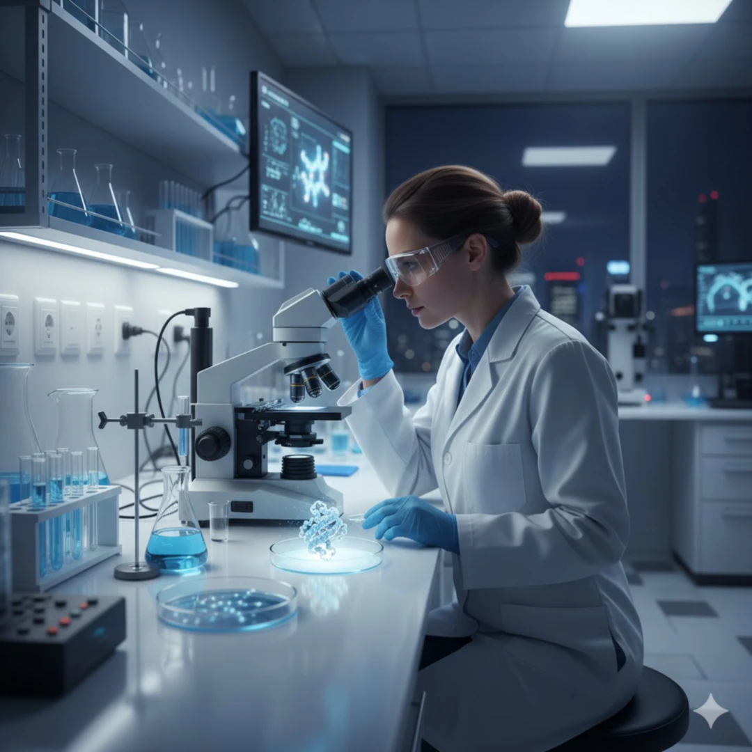 현미경이나 시험관 등 연구 도구들이 놓인 깨끗한 실험실 공간에서 연구원이 알부민 샘플을 관찰하는 모습입니다. 첨단적이면서도 진지한 분위기를 연출합니다. 