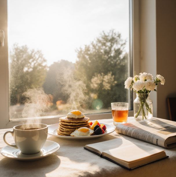 창가 테이블에 차려진 맛있어 보이는 브런치 팬케이크, 과일, 에그 베네딕트가 놓여있고, 김이 모락모락 나는 커피 한 잔이 옆에 같이 놓여있다. 햇살이 테이블 위로 쏟아지며 음식을 밝게 비추고 있는 평화로운 아침의 모습이다.