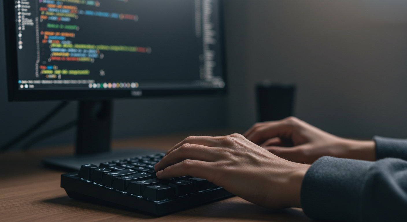 모니터를 보며 키보드를 타이핑하는 모습