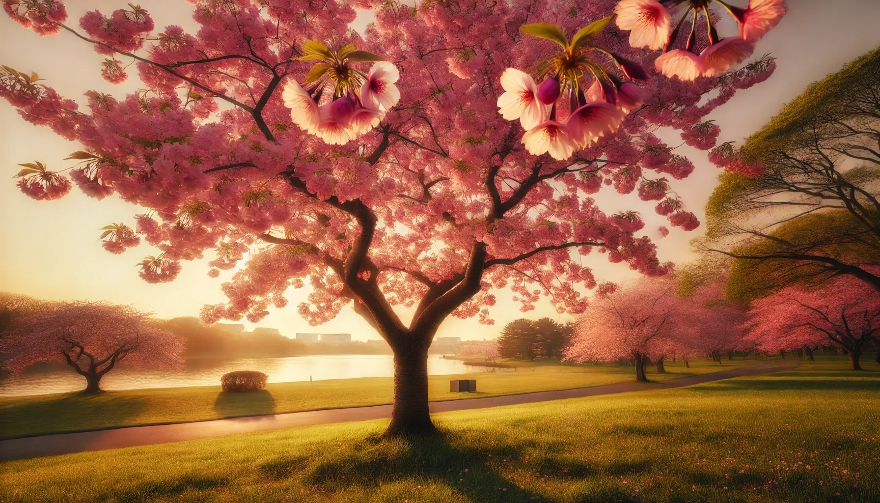 평화로운 공원에서 벚꽃 나무와 호수를 배경으로 한 장면입니다.