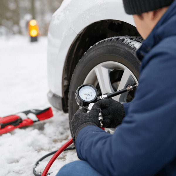 겨울철 눈길에서 타이어 공기압 점검 모습