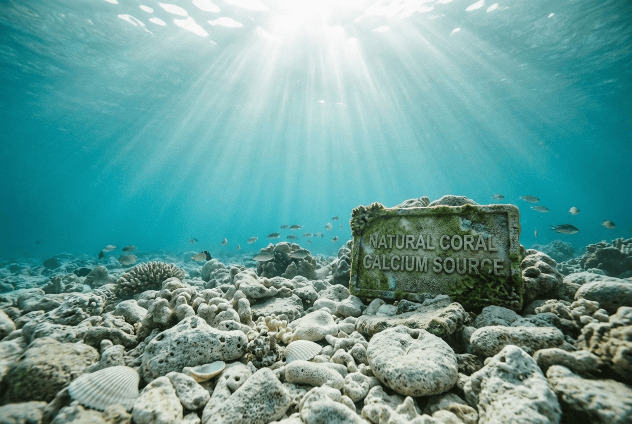 맑은 바닷속 바닥에 산호와 조개가 햇살을 받으며 놓여 있는 모습으로, 자연 유래 코랄칼슘 원료의 이미지를 표현한 사진