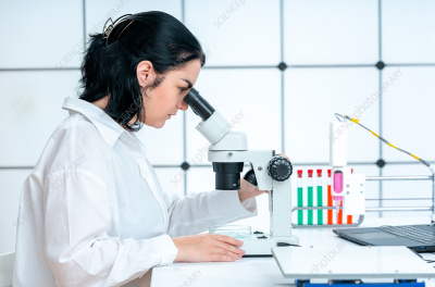 미생물을 관찰하는 의대생의 사진이다