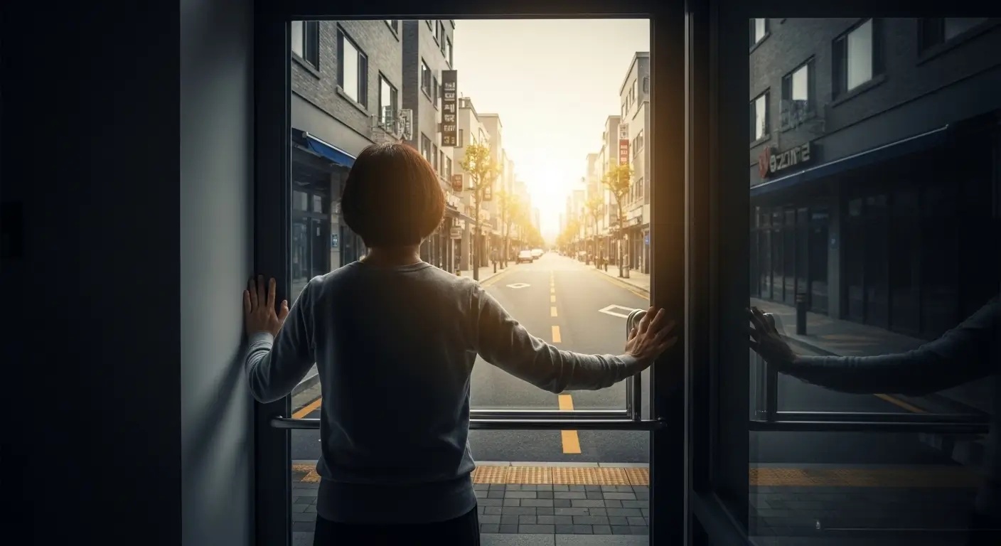 한 한국인 소상공인이 폐업한 가게 문을 닫고, 새로운 직장이나 가게를 향해 희망차게 걸어가는 뒷모습