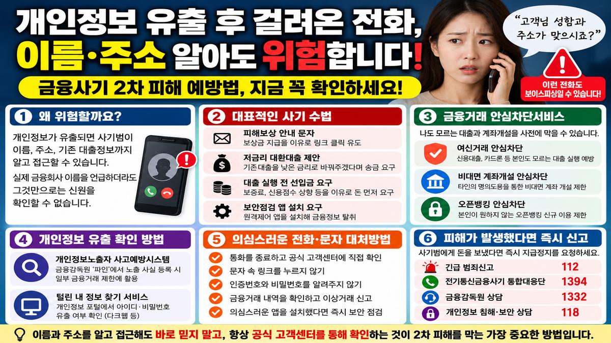 개인정보 유출 후 보이스피싱 2차 피해 예방법과 금융거래 안심차단 안내 이미지