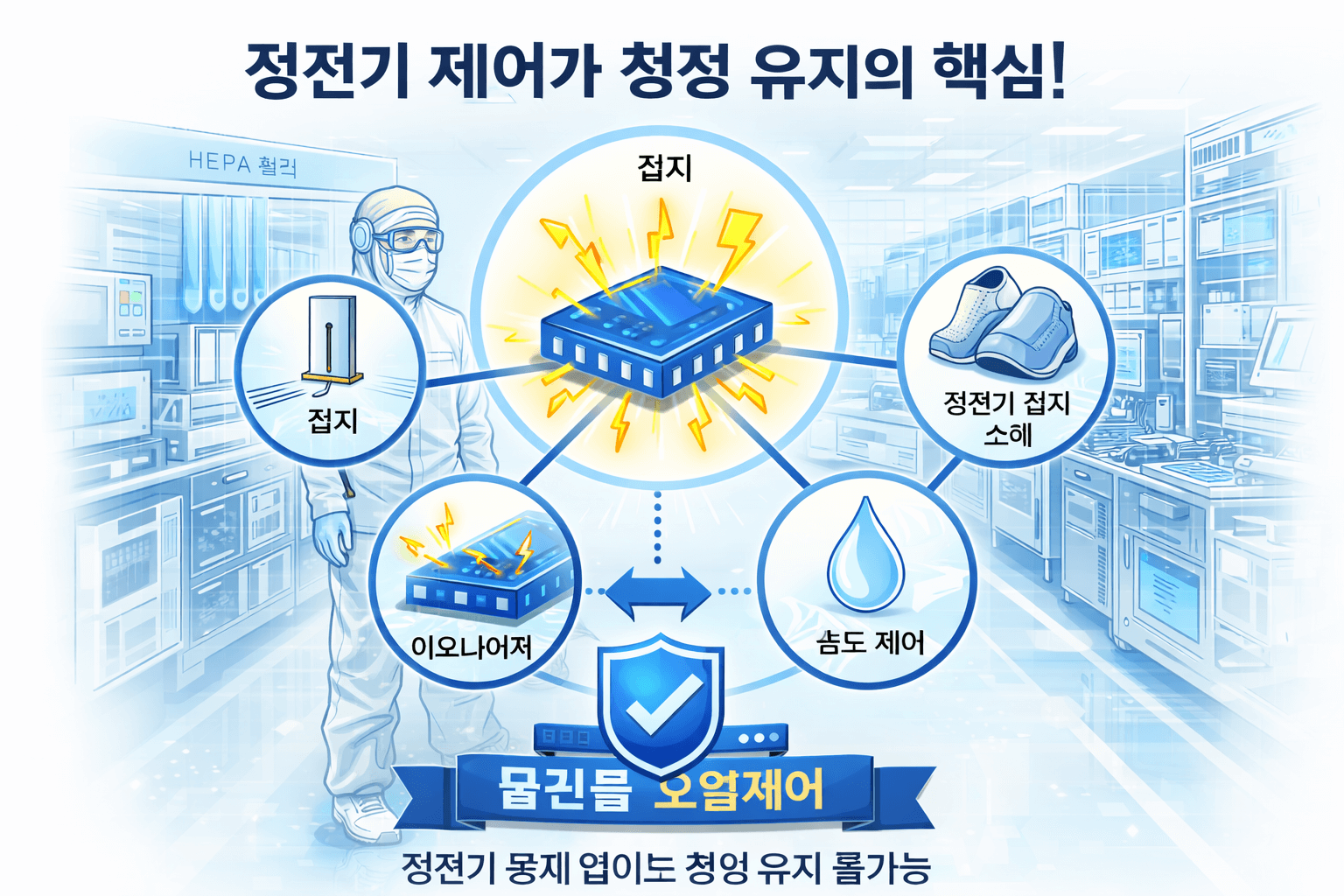 클린룸에서 정전기 제어가 청정 유지 핵심임을 강조한 개념 이미지