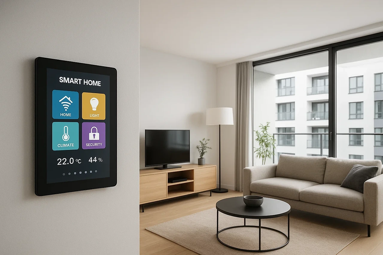 모던한 아파트 거실에 설치된 스마트홈 기기