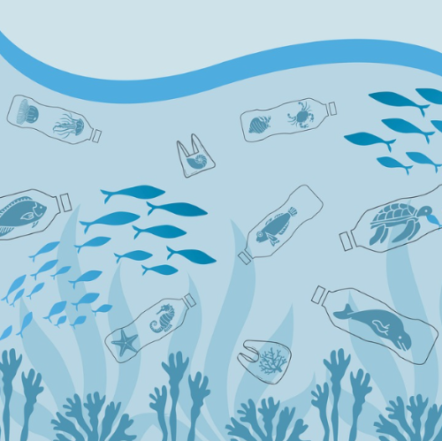 해양 플라스틱 오염과 해양 생물의 위협을 보여주는 일러스트 - 환경호르몬의 위험성을 나타냄