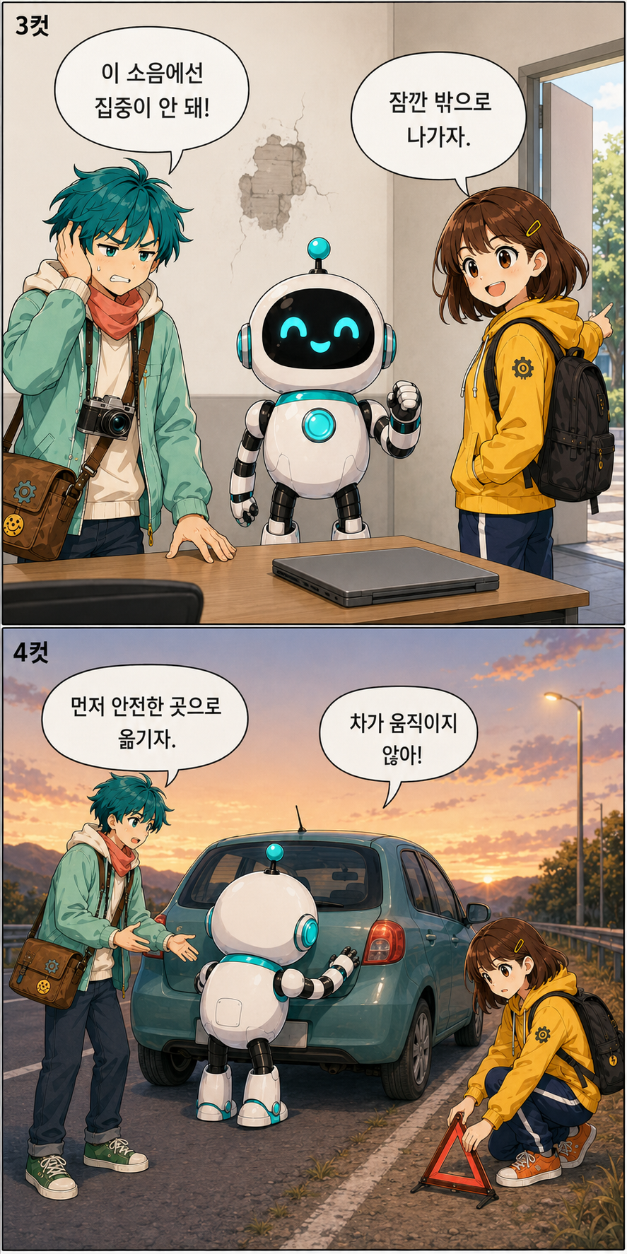 공사 소음을 피해 밖으로 나온 뒤 귀갓길 차량 고장으로 안전한 곳에 차를 세우는 스티미, 파워, 달리