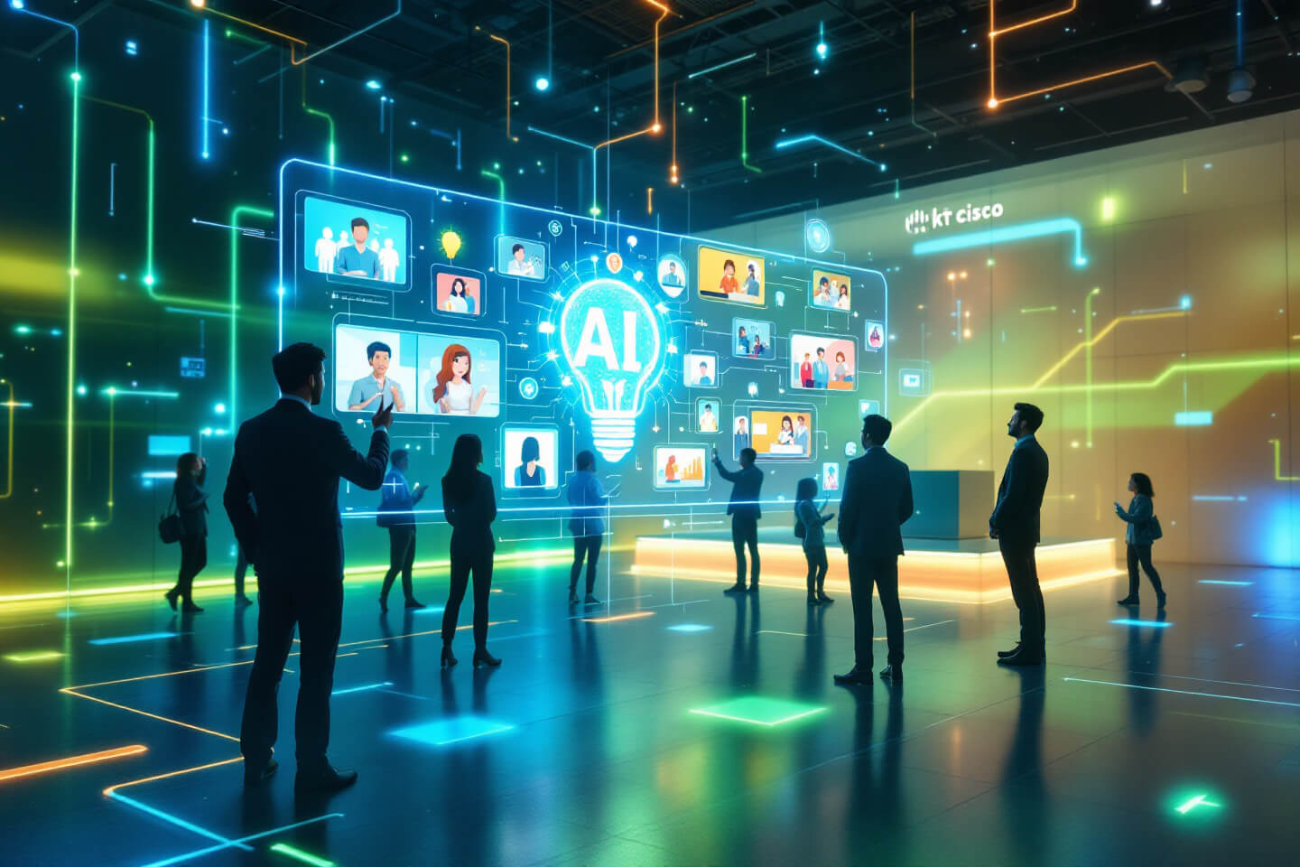 KT와 시스코코리아의 협업을 상징하는 미래지향적 디지털 공간에서 사람들이 AI 기반 인터페이스와 상호작용하며 다양한 아이디어와 광고 콘텐츠를 생성하는 모습을 담은 이미지. 배경에는 네온 빛의 기술적 요소와 'AI' 아이콘이 강조된 대형 디스플레이가 있으며, 혁신과 협업의 분위기를 조성합니다