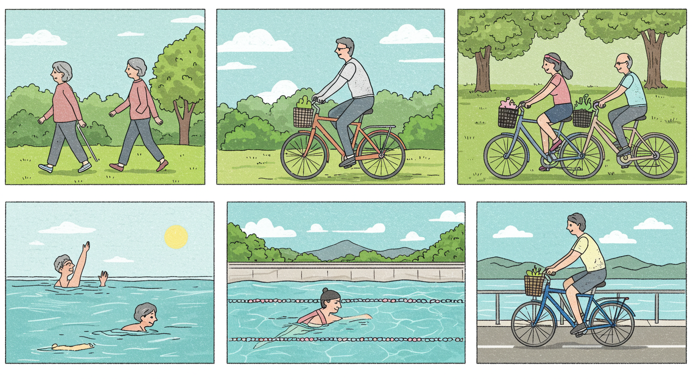 가벼운 걷기, 자전거 타기 , 수영 등 유산소 운동을 통해 혈액 순환을 돕고 근육의 유연성을 유지 하기