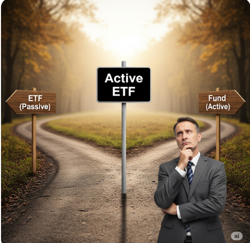 두 갈래 길에서 투자자가 고민하는 모습. 한쪽 길은 'ETF(패시브)'라 쓰인 표지판이 있고, 다른 한쪽 길은 '펀드(액티브)'라 쓰인 표지판이 있다. 길 중간에 놓인 이정표에는 '액티브 ETF'라고 쓰여있어, ETF와 펀드가 단순히 '패시브'와 '액티브'로 나뉘지 않는다는 것을 시각적으로 표현