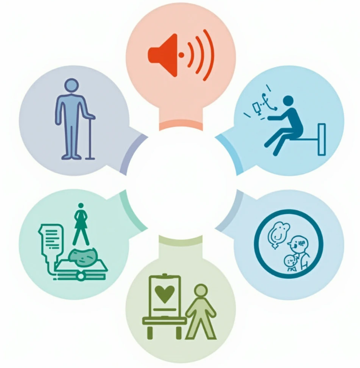 다섯 가지 예방 팁을 나타내는 아이콘들이 원형으로 배치된 인포그래픽. 각 아이콘은 소음 차단, 볼륨 조절, 의사 상담, 운동, 건강한 식단을 상징