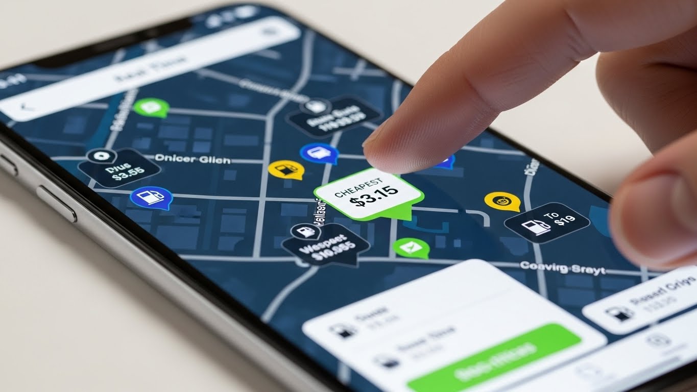 오피넷 앱을 사용하여 내 주변 최저가 주유소를 검색하는 스마트폰 화면