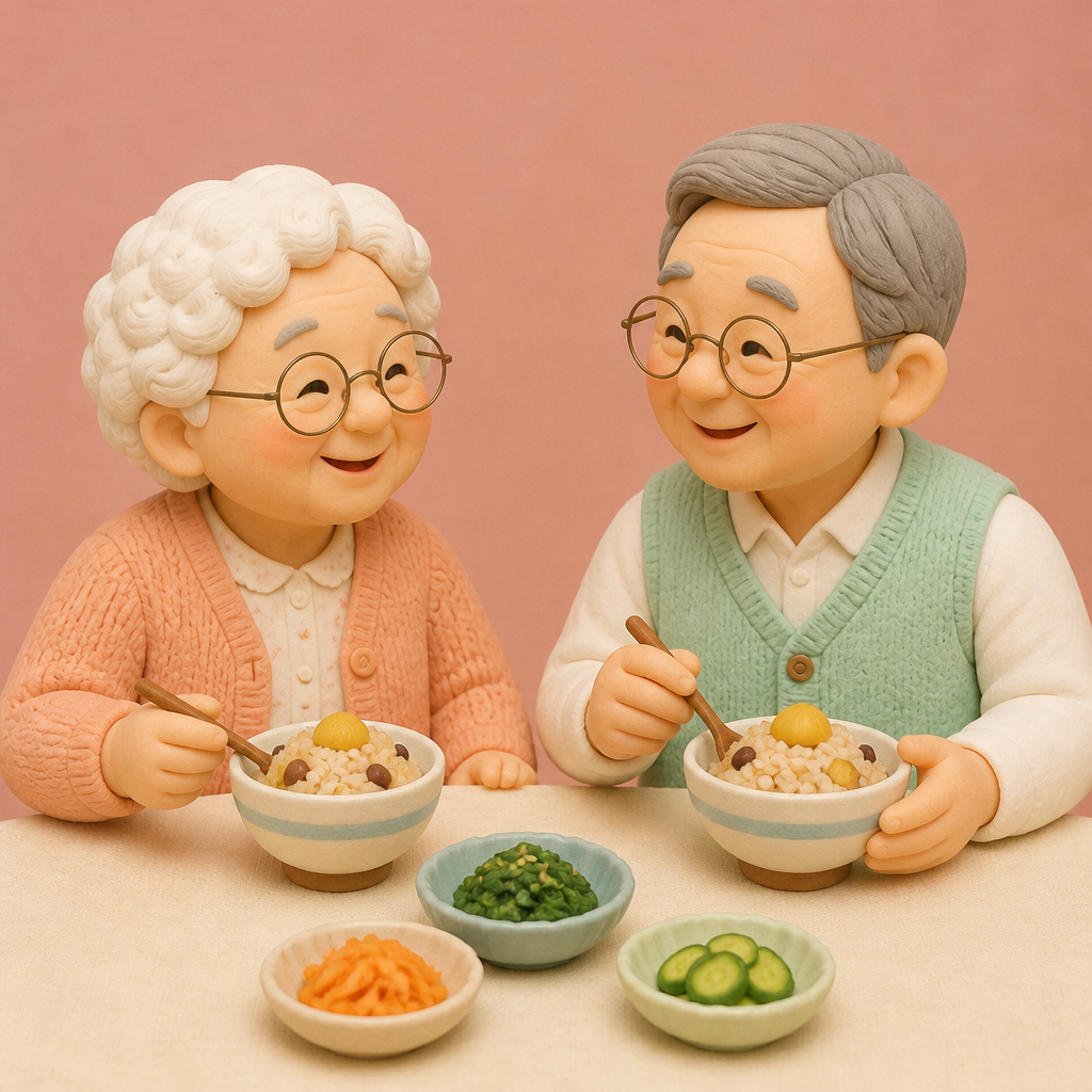 식탁에 밤밥 두 공기를 놓고 마주 앉은 할머니와 할아버지