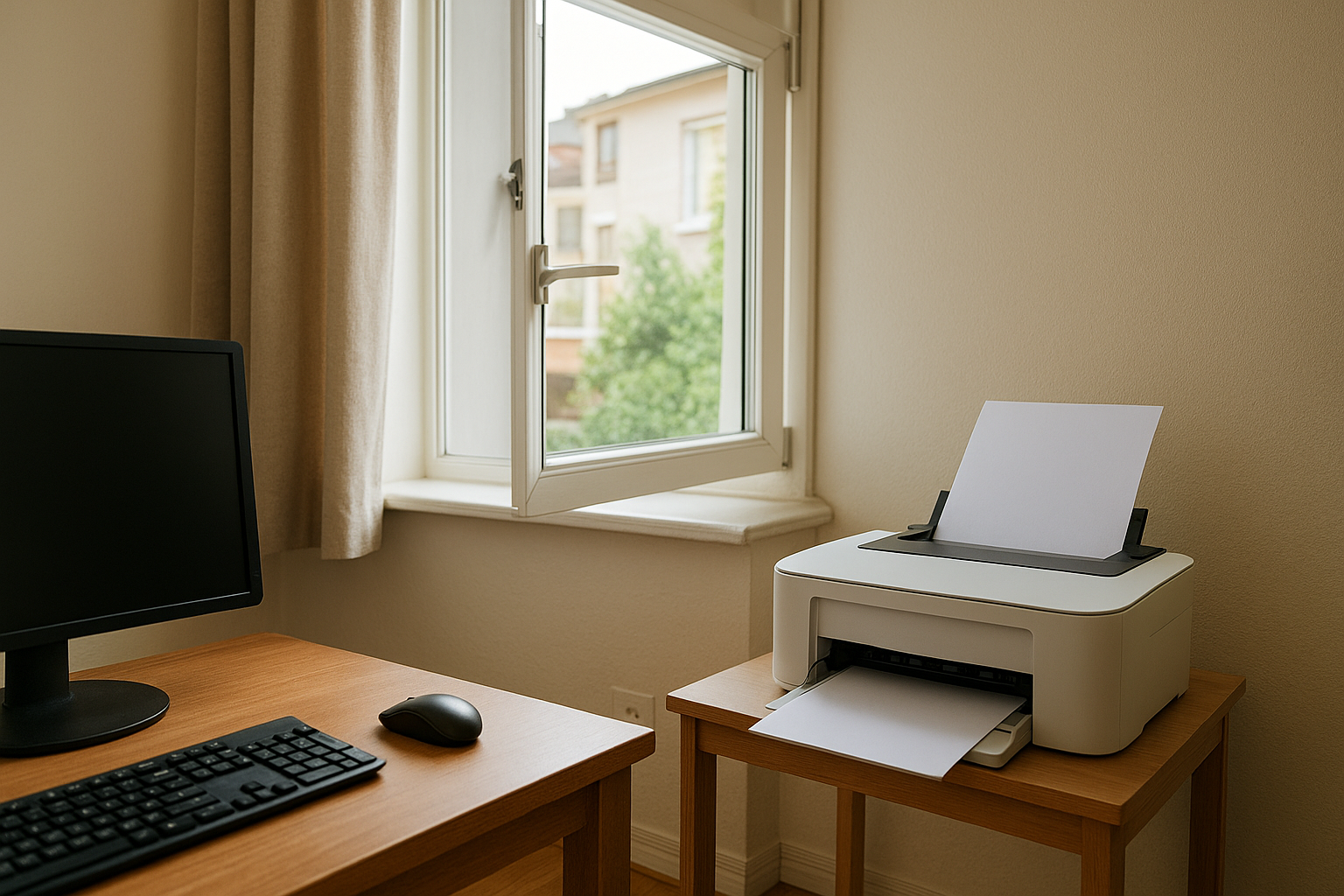 창가 측면 선반 위 프린터, 작업 책상과 1m 이상 떨어진 배치