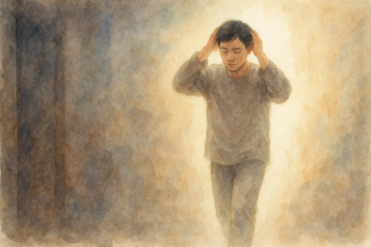 어두운 방에서 머리를 감싼 인물이 서서히 빛으로 걸어 나오는 장면